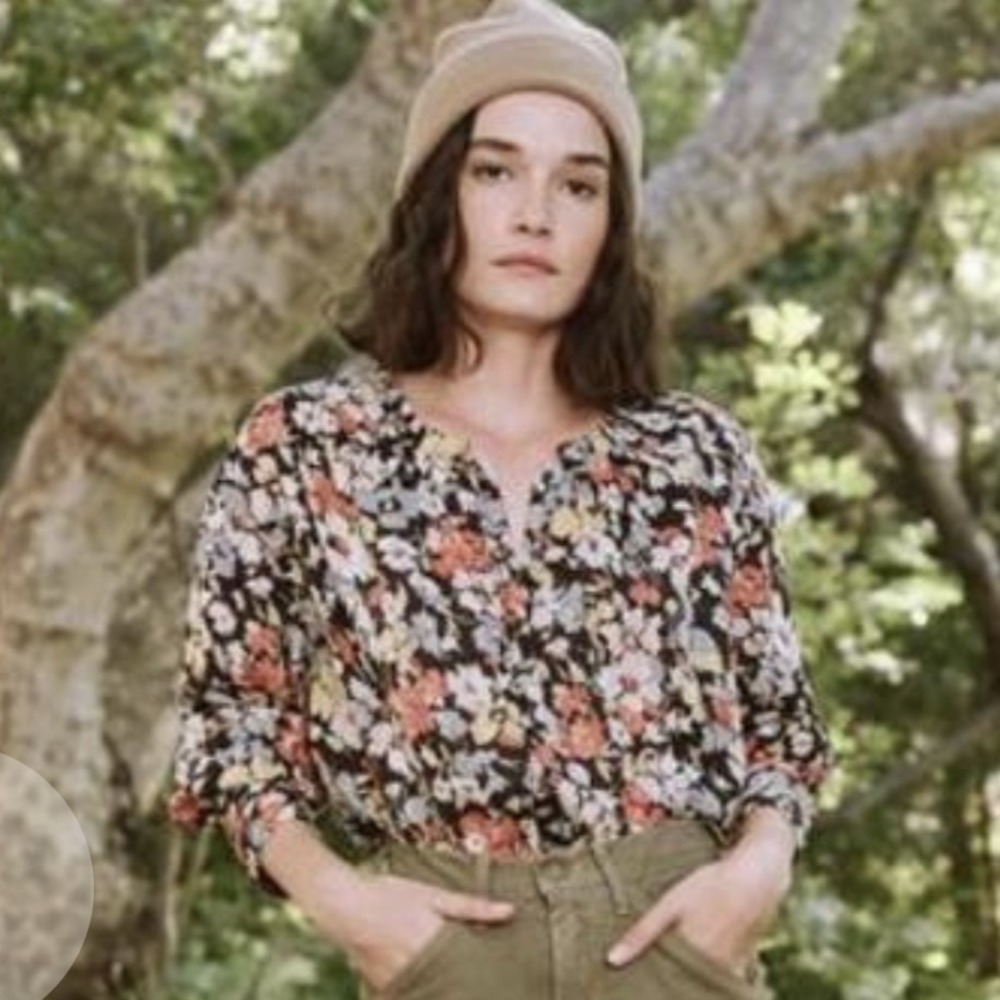 THE GREAT Top Size XS‎ Forage Black Floral Print Cotton Long Sleeve Blouse
